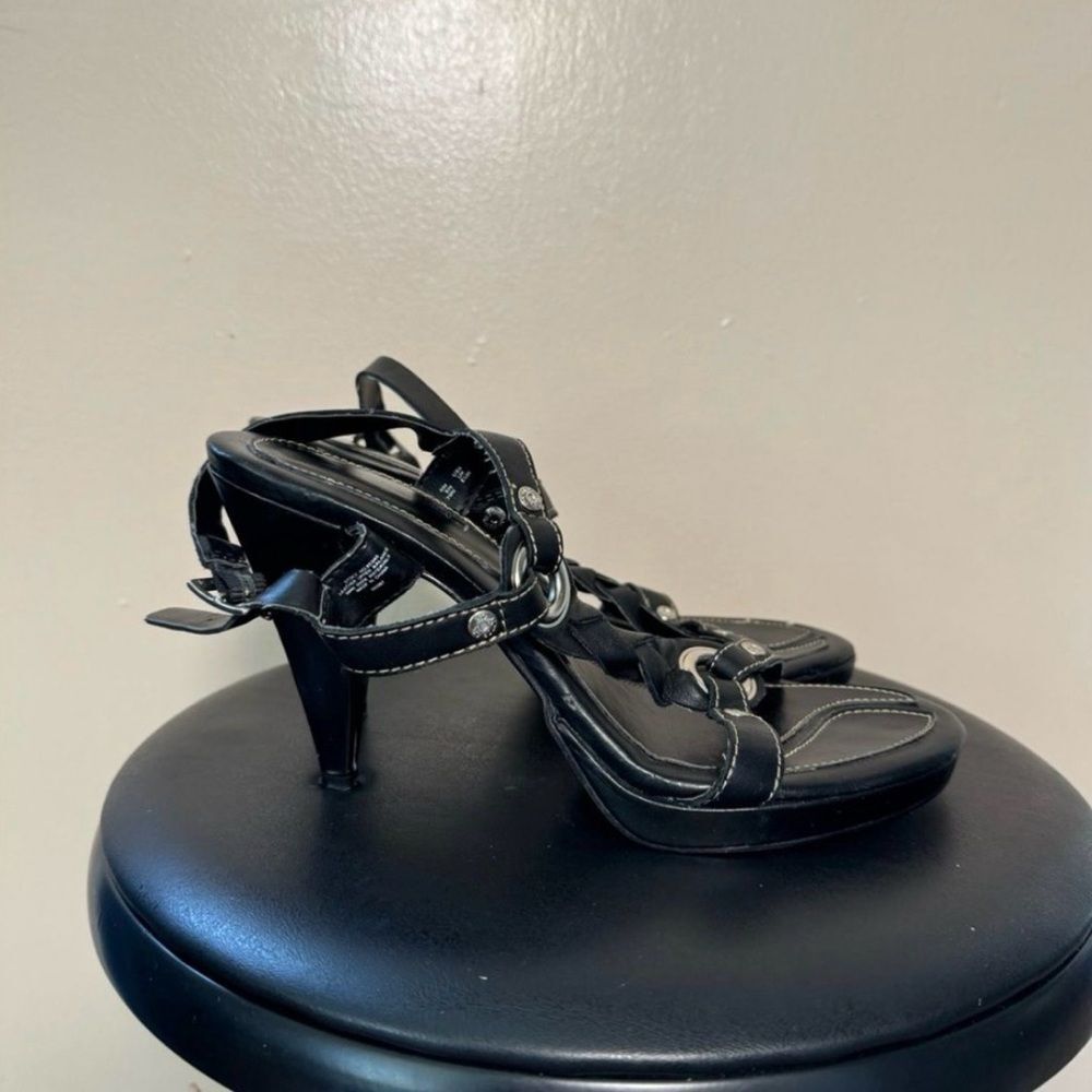 SALE! Black Harley-Davidson High Heeled Leather Sandals Size 8 EUC - Picture 2 of 7